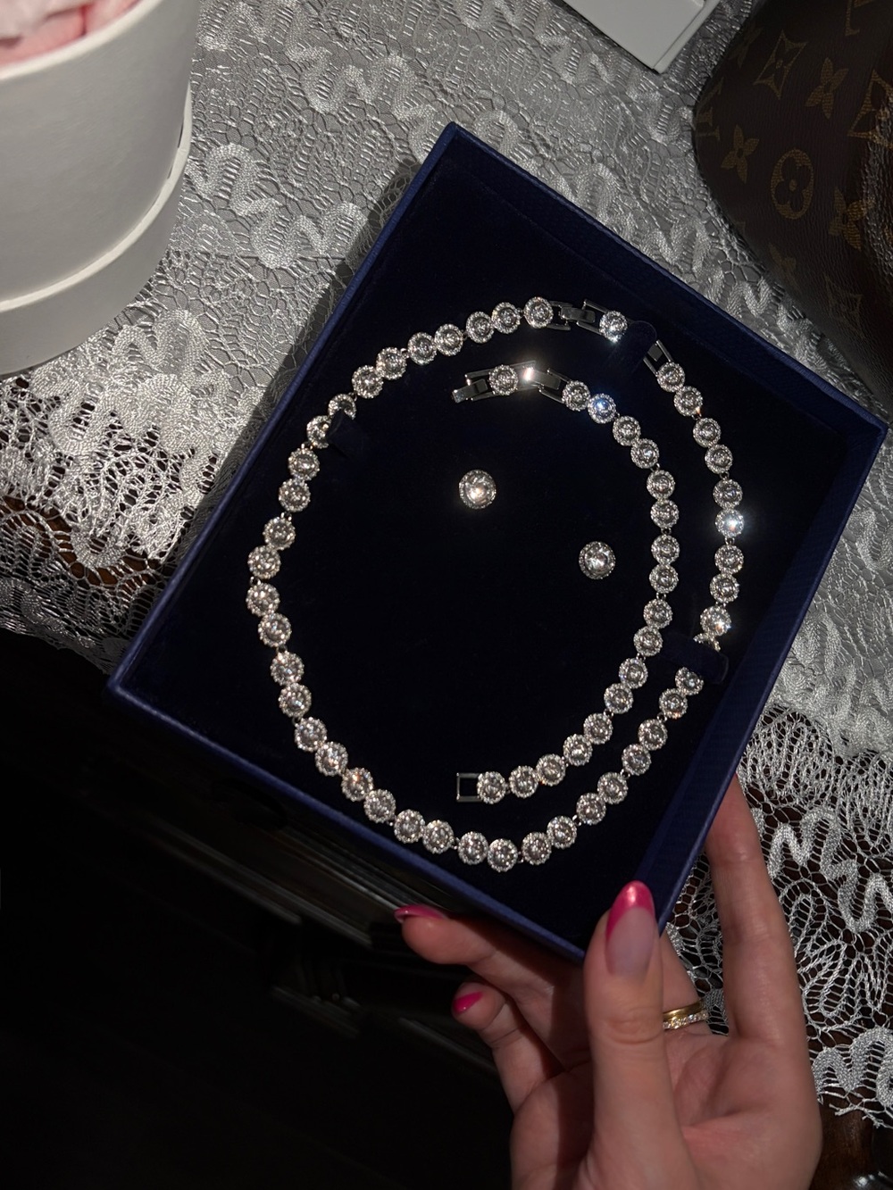 Swarovski Silver Clear Crystal Tennis Necklace and Stud Earrings Set